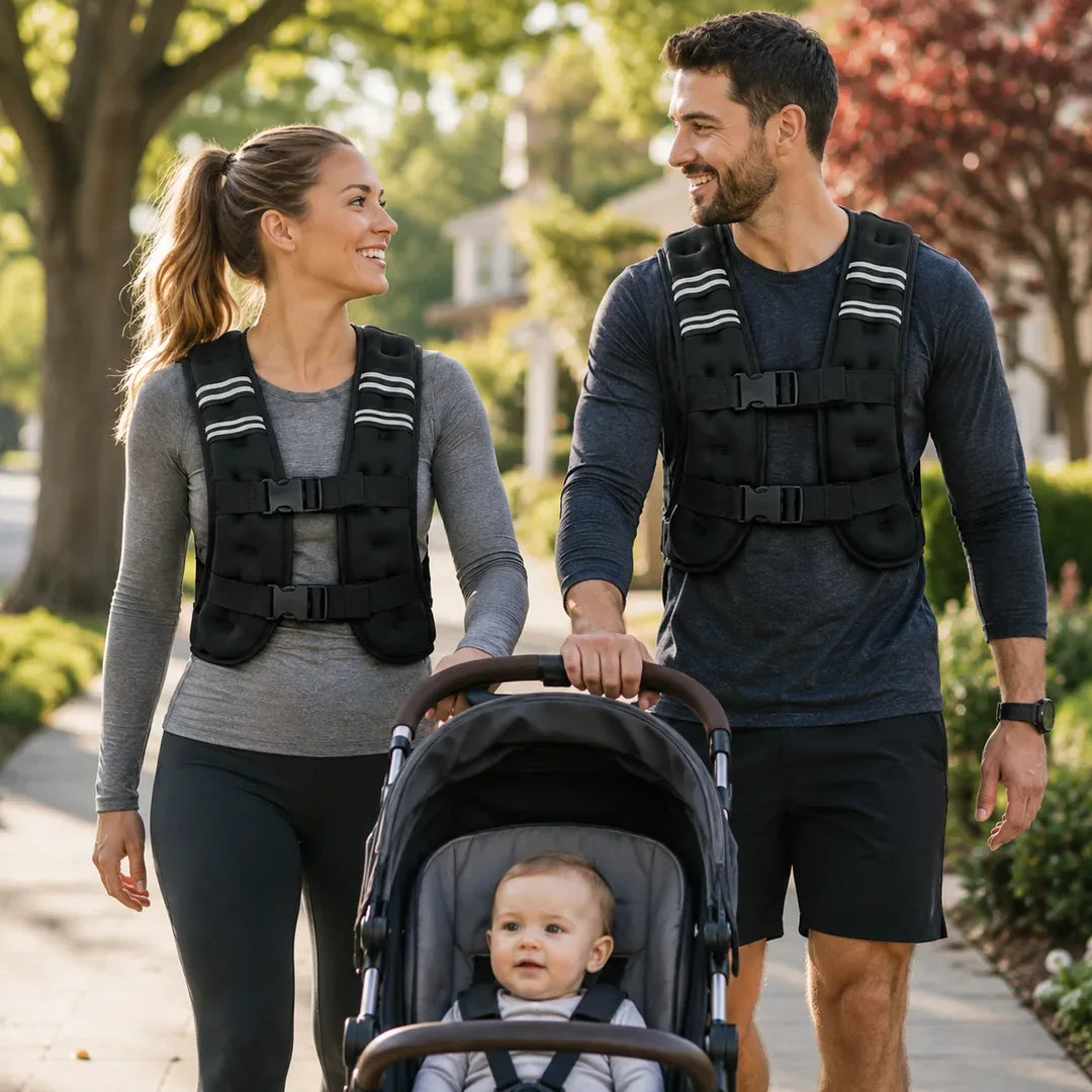 A family on a walk with the Givorn weighted vest