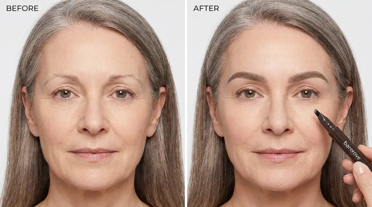 A different woman, brows thinning with age, then grown in with Taupe