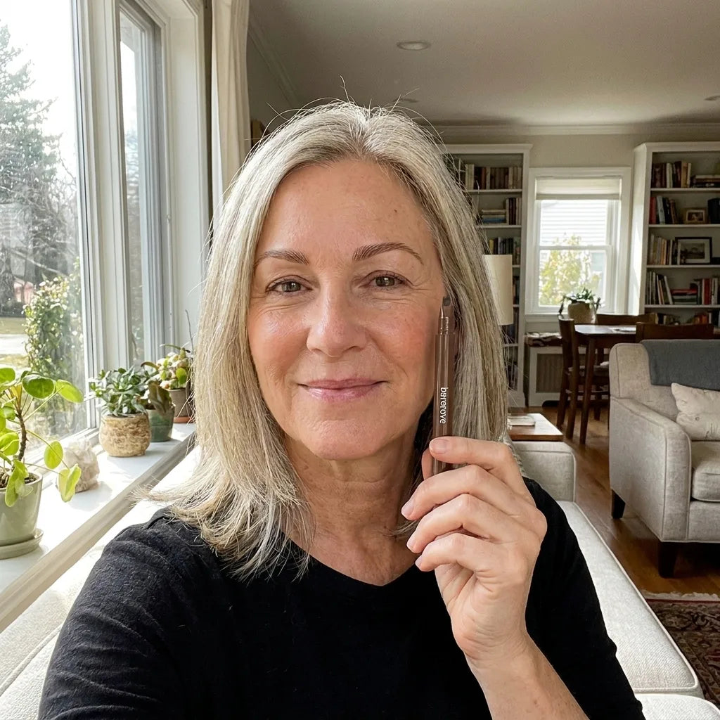Customer selfie at home, holding the pen, brows done