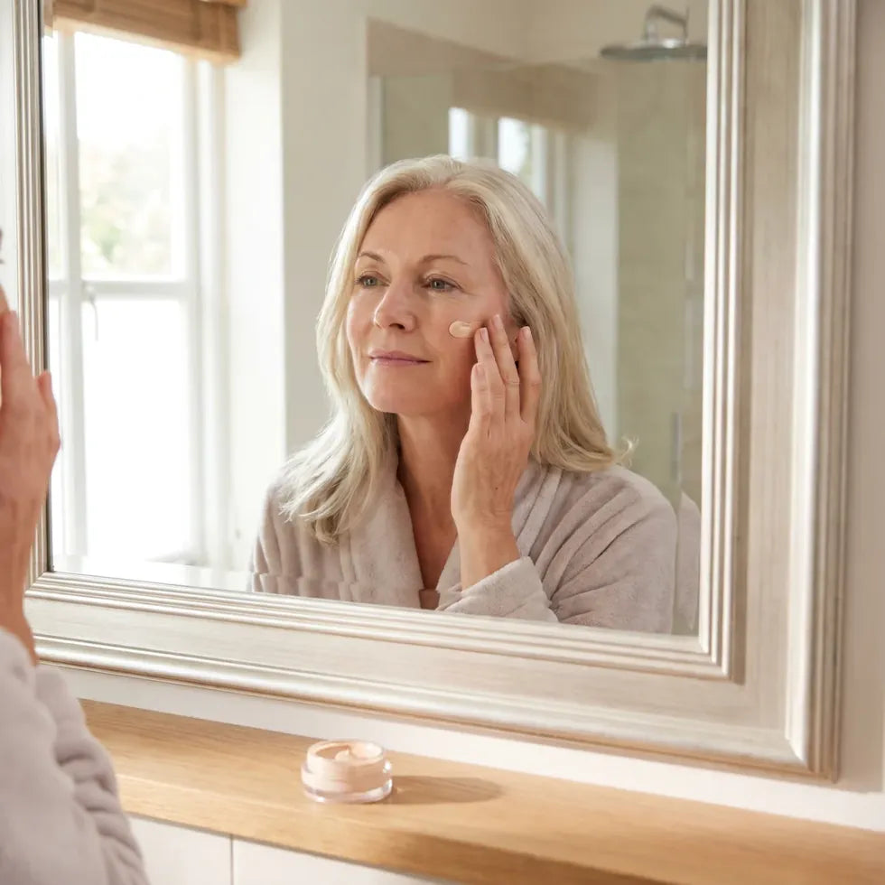 Woman over 50 applying barerove foundation