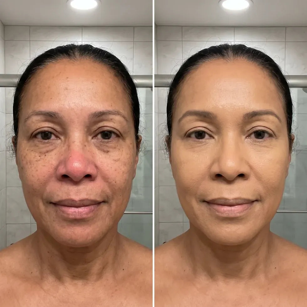 A woman before and after, a seamless face-to-neck match with no line