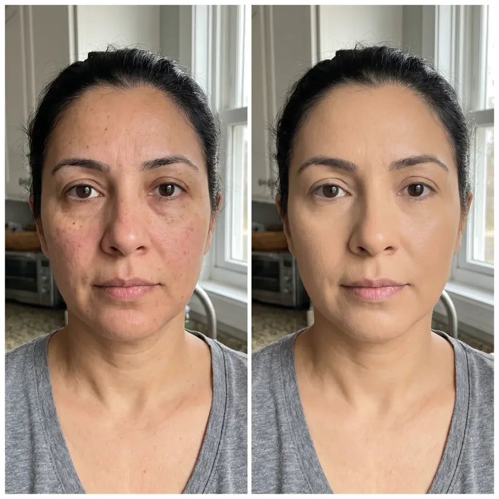 Another tester before and after one layer of barerove Color-Adapting Foundation