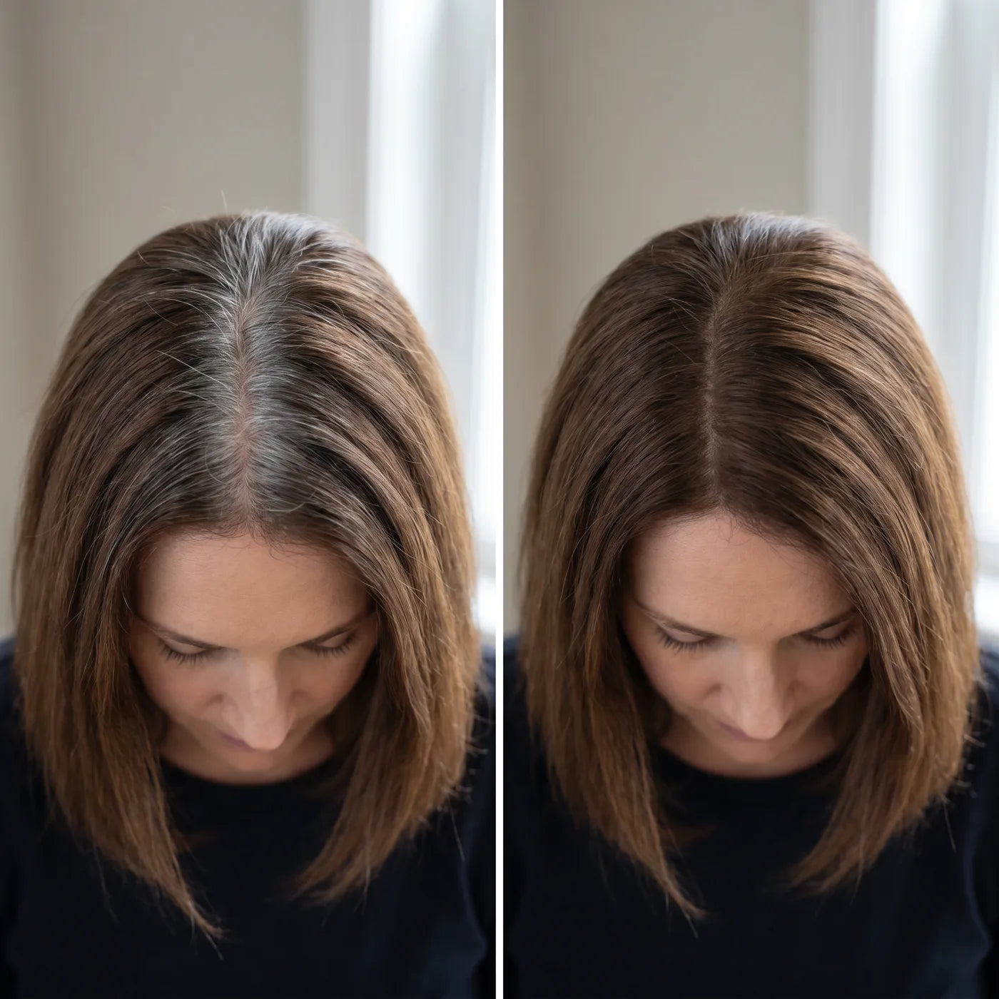 Before and after: one swipe covers the gray at the part